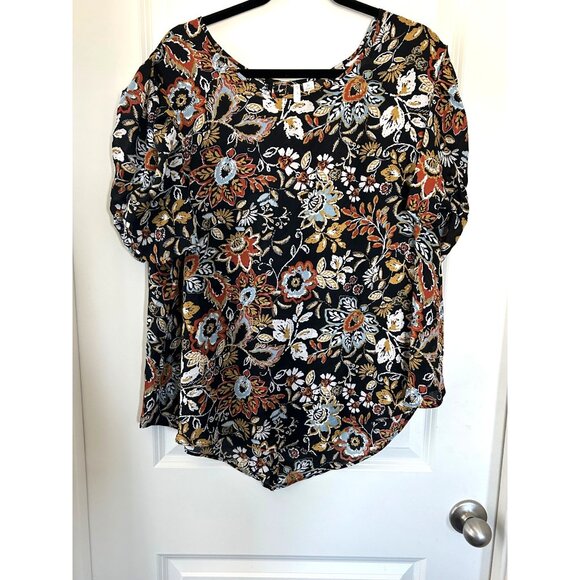 Floral Print Short-Sleeve Blouse XL Black Gold Blue Polyester - Picture 2 of 8